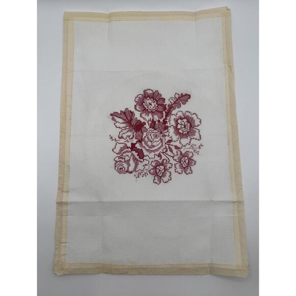 Vintage Hand Stitched Red on White Floral Cross Stitch Embroidery Complete - Picture 2 of 7